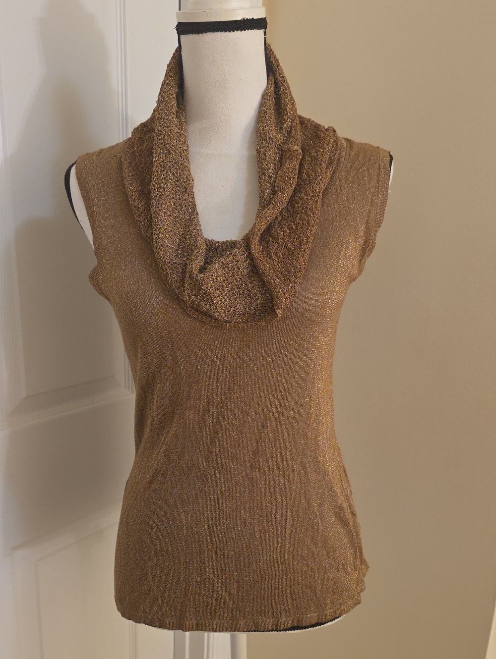LAURA Sleeveless Cowl Neck Metallic Gold Tan Light Knit Top M